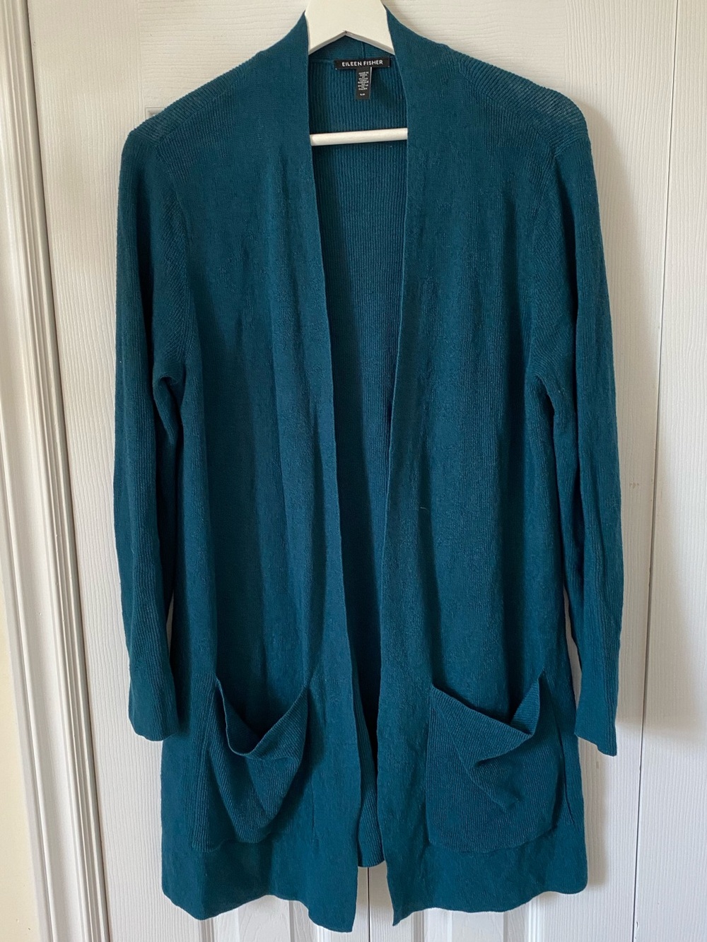 Eileen Fisher Linen blend Italian knit Teal Open-Front Pocket Cardigan size S - Picture 1 of 9